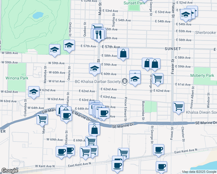 map of restaurants, bars, coffee shops, grocery stores, and more near 271 East 62nd Avenue in Vancouver