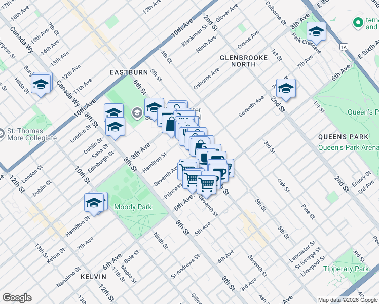 map of restaurants, bars, coffee shops, grocery stores, and more near 702 6th Street in New Westminster