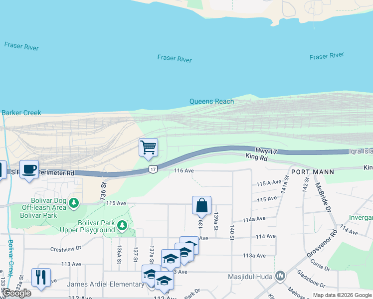 map of restaurants, bars, coffee shops, grocery stores, and more near in Surrey