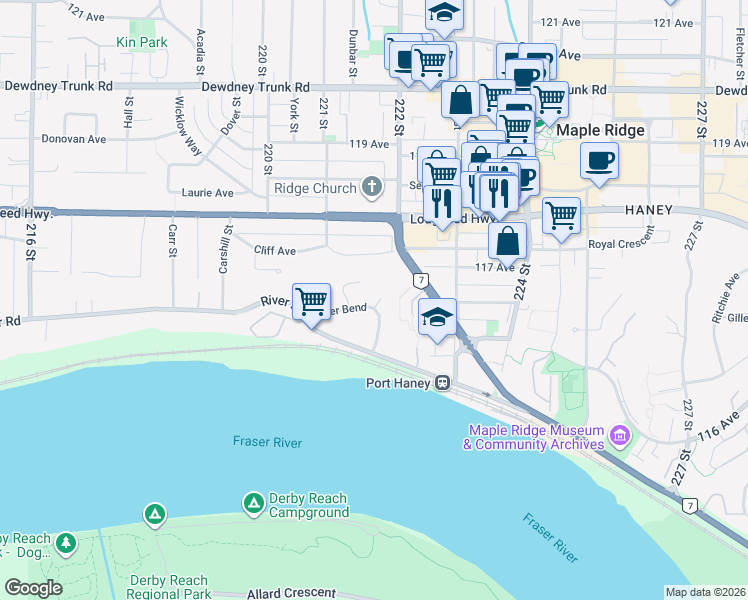 map of restaurants, bars, coffee shops, grocery stores, and more near 11763 Driftwood Drive in Maple Ridge
