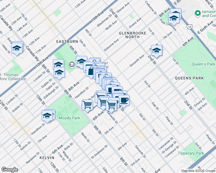 map of restaurants, bars, coffee shops, grocery stores, and more near 510 Seventh Avenue in New Westminster
