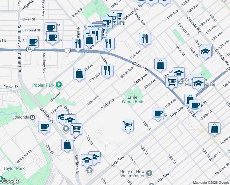 map of restaurants, bars, coffee shops, grocery stores, and more near 7599 15th Street in Burnaby