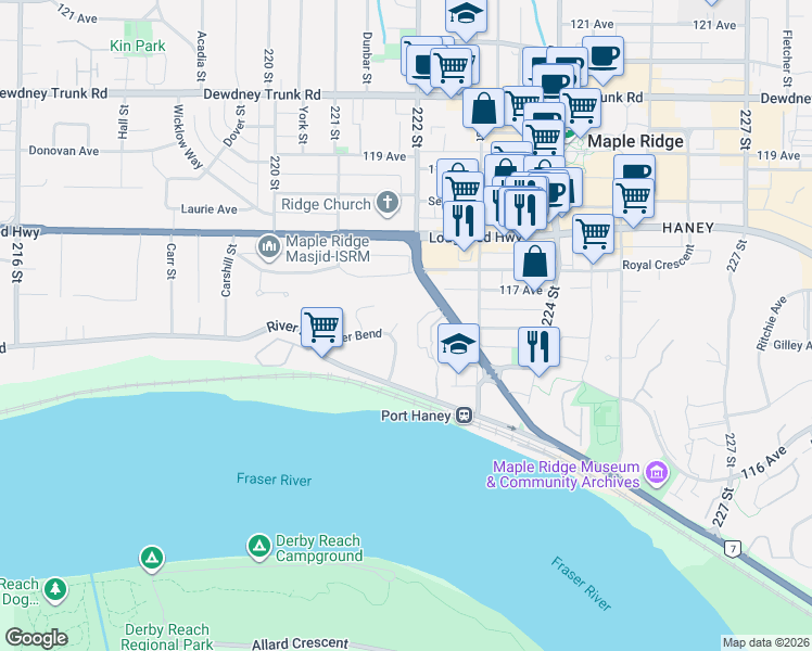 map of restaurants, bars, coffee shops, grocery stores, and more near 11725 Brookmere Court in Maple Ridge