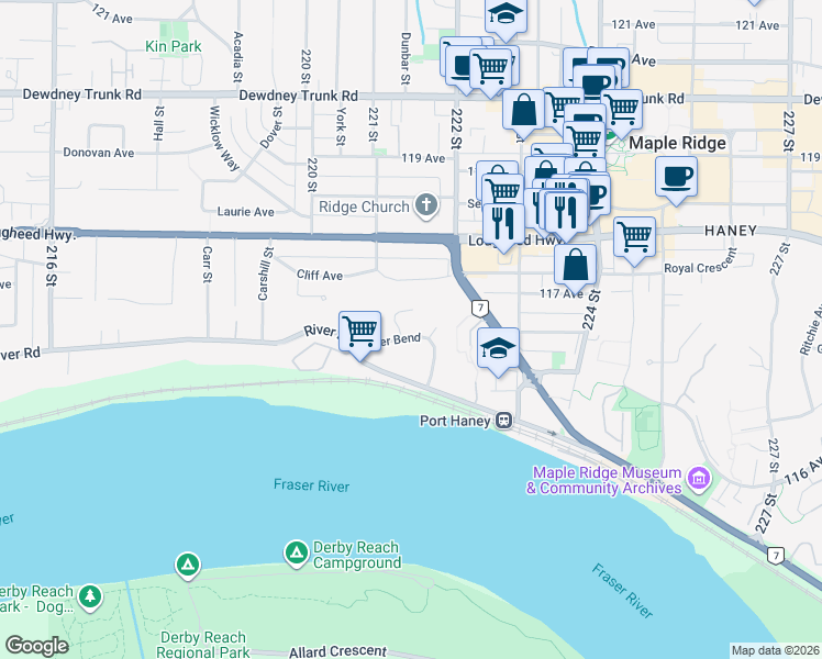 map of restaurants, bars, coffee shops, grocery stores, and more near 11763 Driftwood Drive in Maple Ridge
