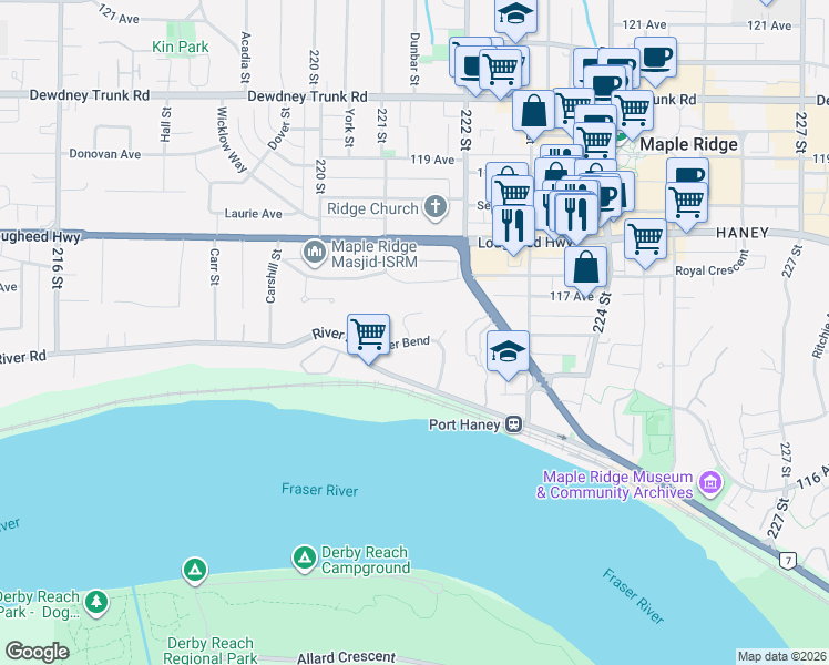 map of restaurants, bars, coffee shops, grocery stores, and more near 11787 Driftwood Drive in Maple Ridge