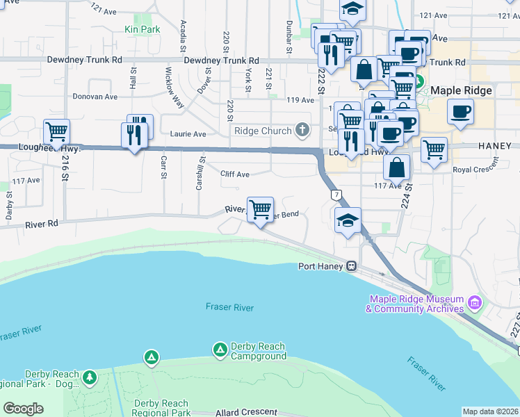map of restaurants, bars, coffee shops, grocery stores, and more near in Maple Ridge