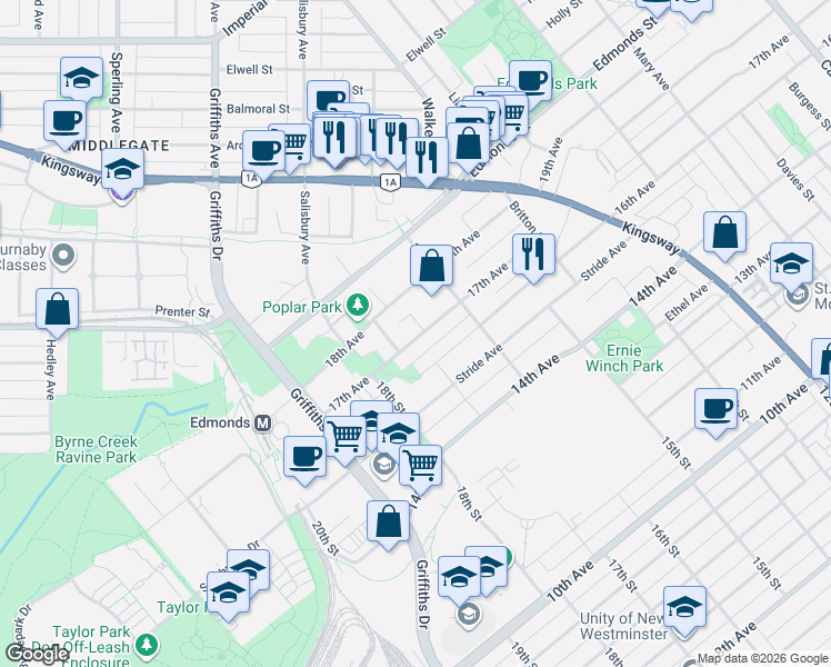 map of restaurants, bars, coffee shops, grocery stores, and more near 7161 17th Avenue in Burnaby