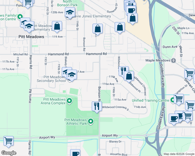 map of restaurants, bars, coffee shops, grocery stores, and more near 19573 116B Avenue in Pitt Meadows