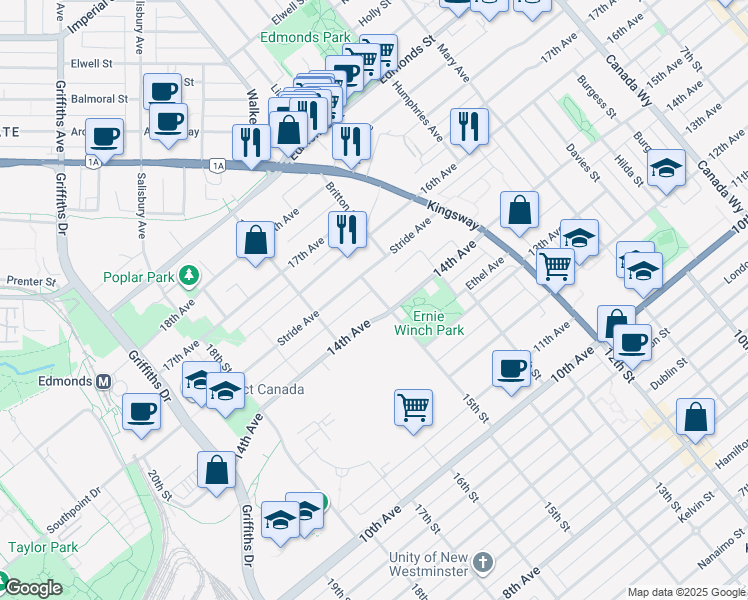 map of restaurants, bars, coffee shops, grocery stores, and more near 7599 15th Street in Burnaby
