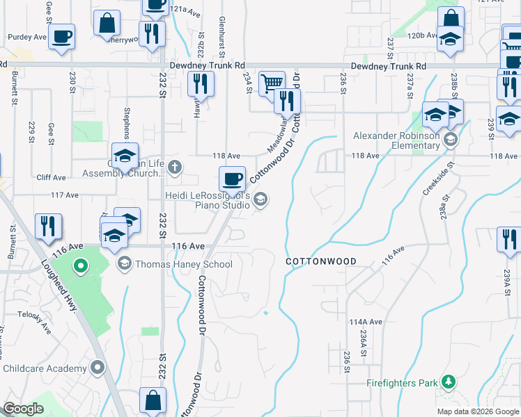 map of restaurants, bars, coffee shops, grocery stores, and more near 11720 Cottonwood Drive in Maple Ridge