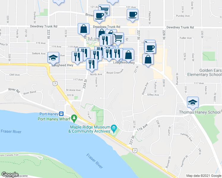 map of restaurants, bars, coffee shops, grocery stores, and more near 22525 Brickwood Close in Maple Ridge