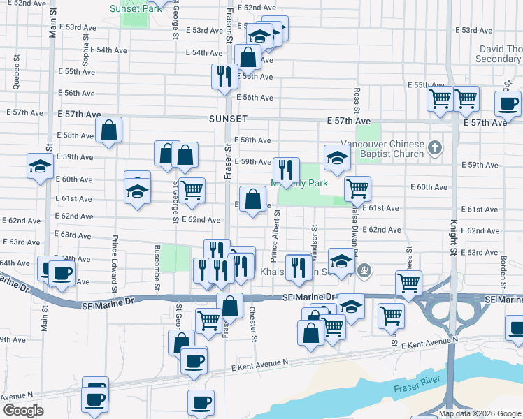 map of restaurants, bars, coffee shops, grocery stores, and more near 770 East 61st Avenue in Vancouver