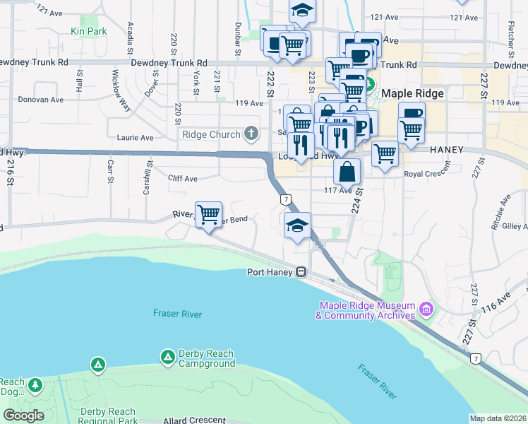 map of restaurants, bars, coffee shops, grocery stores, and more near in Maple Ridge