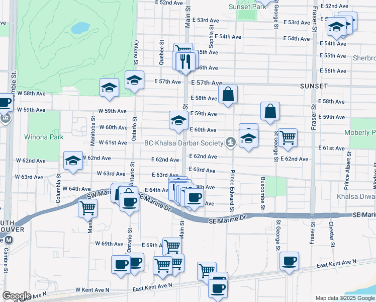 map of restaurants, bars, coffee shops, grocery stores, and more near 7778 Main Street in Vancouver