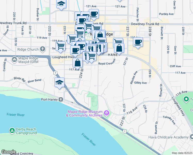 map of restaurants, bars, coffee shops, grocery stores, and more near 11681 225 Street in Maple Ridge