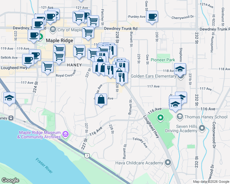 map of restaurants, bars, coffee shops, grocery stores, and more near in Maple Ridge