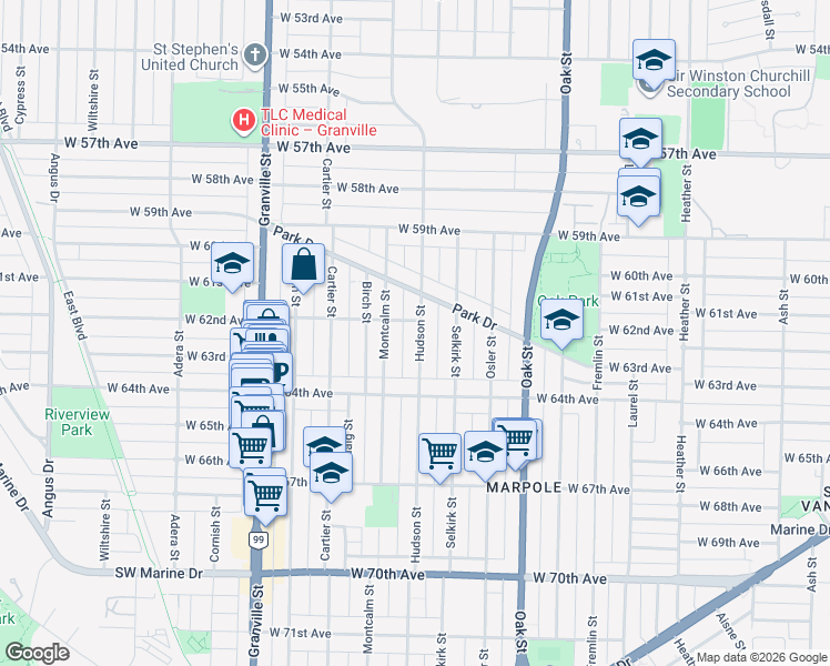 map of restaurants, bars, coffee shops, grocery stores, and more near 7823 Hudson Street in Vancouver