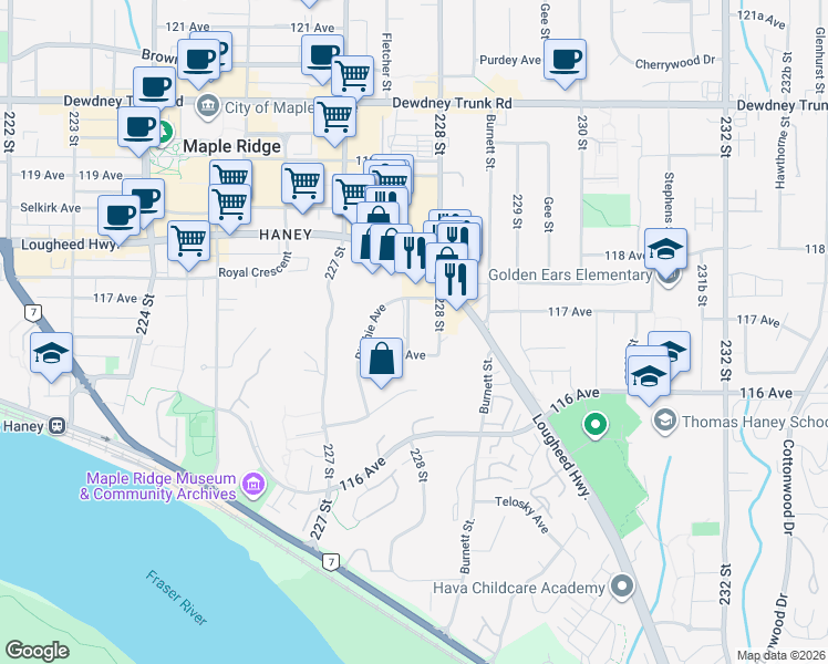 map of restaurants, bars, coffee shops, grocery stores, and more near 11699 Fulton Street in Maple Ridge