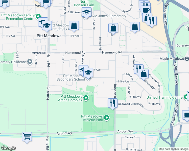 map of restaurants, bars, coffee shops, grocery stores, and more near 19475 116B Avenue in Pitt Meadows