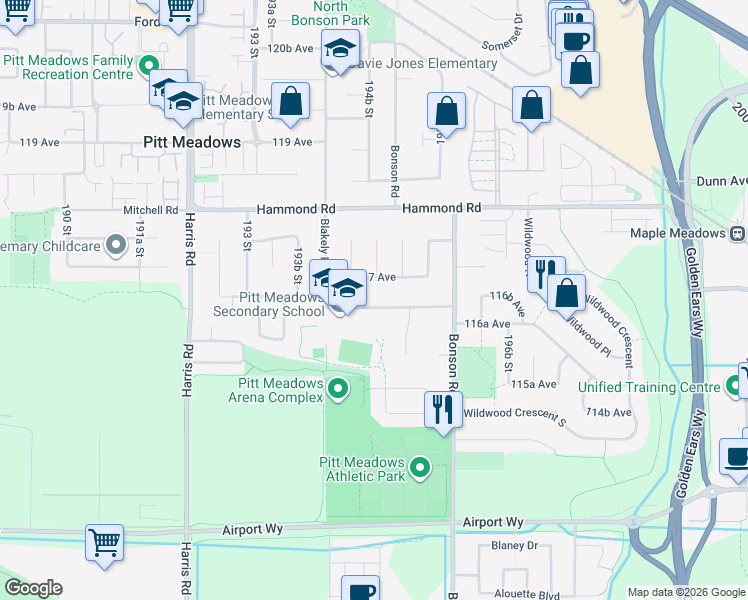 map of restaurants, bars, coffee shops, grocery stores, and more near 19466 117 Avenue in Pitt Meadows