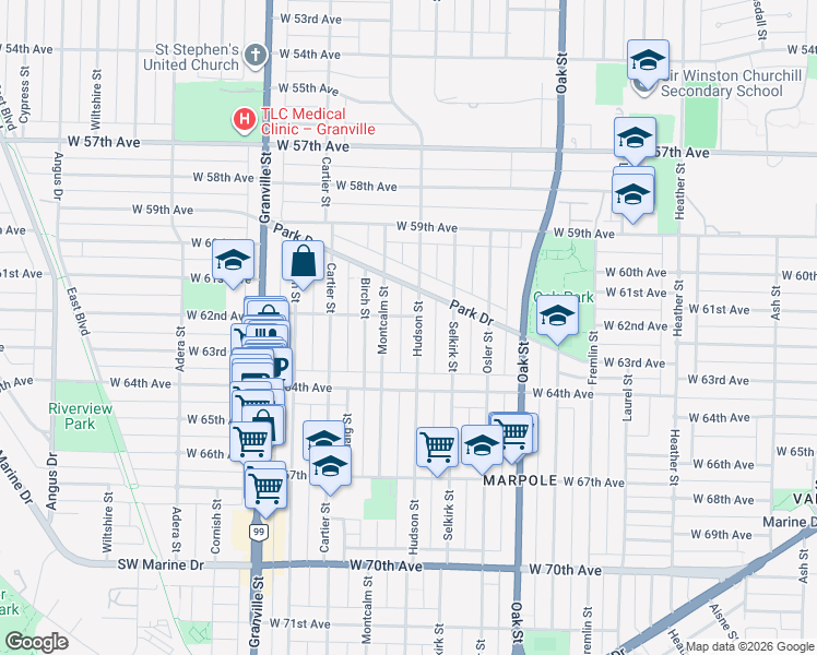 map of restaurants, bars, coffee shops, grocery stores, and more near 7823 Hudson Street in Vancouver