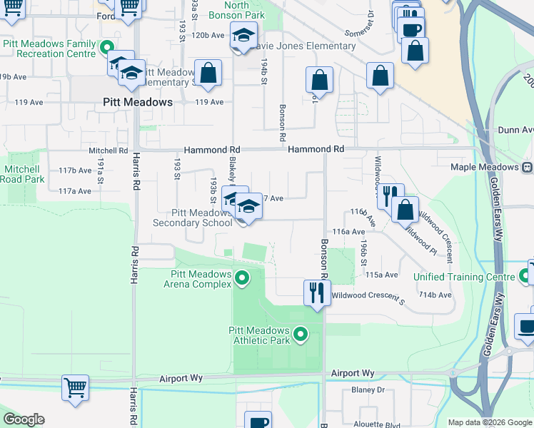 map of restaurants, bars, coffee shops, grocery stores, and more near 19475 116B Avenue in Pitt Meadows