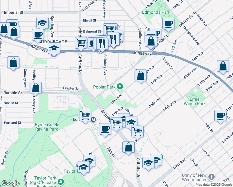map of restaurants, bars, coffee shops, grocery stores, and more near 7328 18th Street in Burnaby