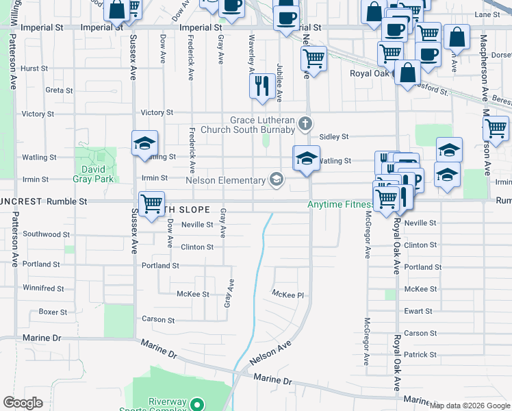 map of restaurants, bars, coffee shops, grocery stores, and more near 4722 Rumble Street in Burnaby