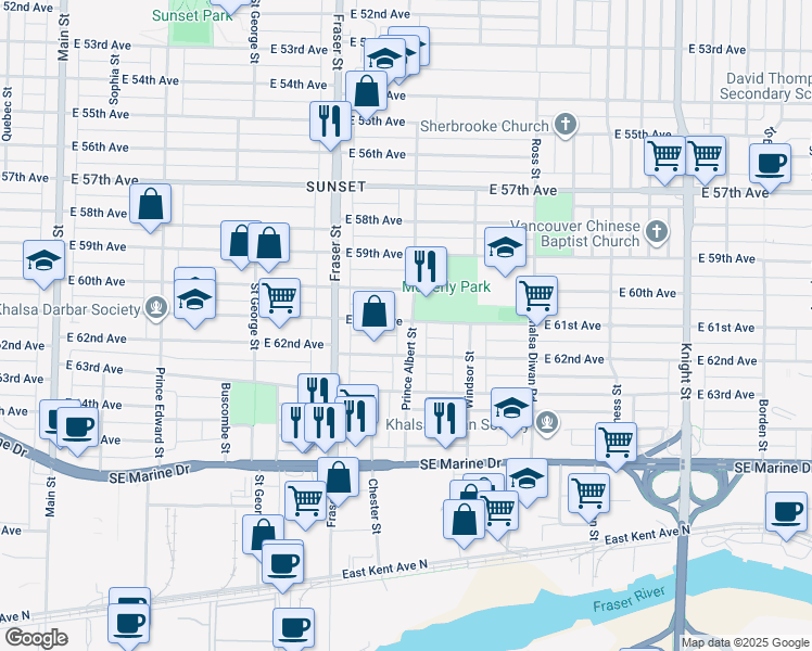 map of restaurants, bars, coffee shops, grocery stores, and more near 7705 Prince Albert Street in Vancouver