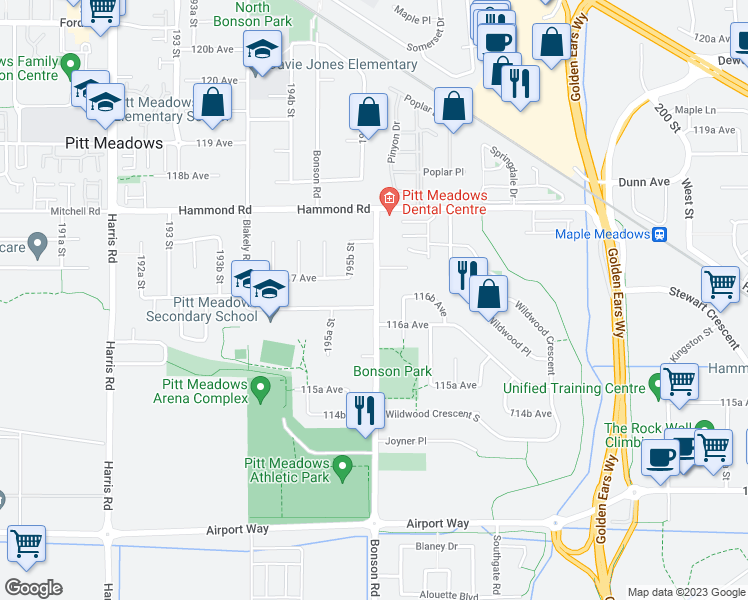 map of restaurants, bars, coffee shops, grocery stores, and more near 19573 116B Avenue in Pitt Meadows