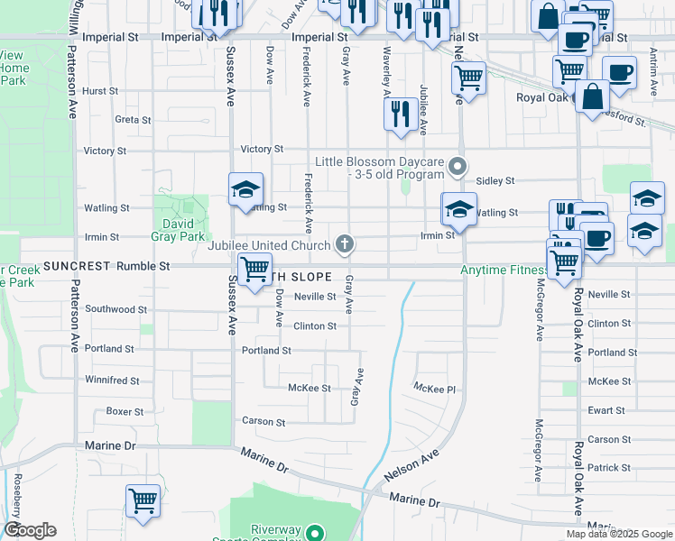map of restaurants, bars, coffee shops, grocery stores, and more near 4584 Rumble Street in Burnaby