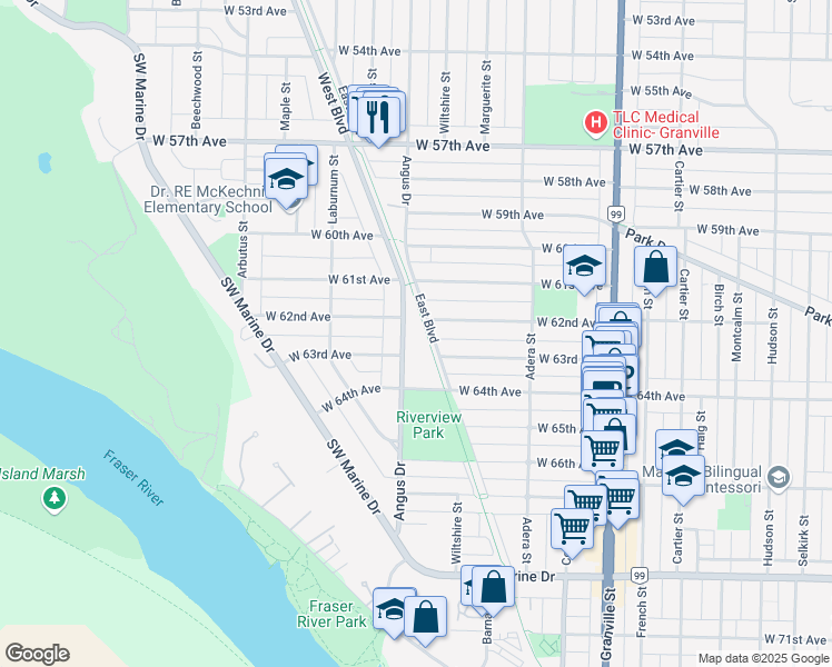 map of restaurants, bars, coffee shops, grocery stores, and more near 7838 Angus Drive in Vancouver