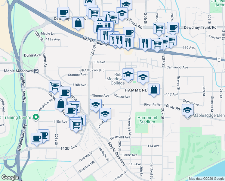map of restaurants, bars, coffee shops, grocery stores, and more near 11730 Pinda Place in Maple Ridge