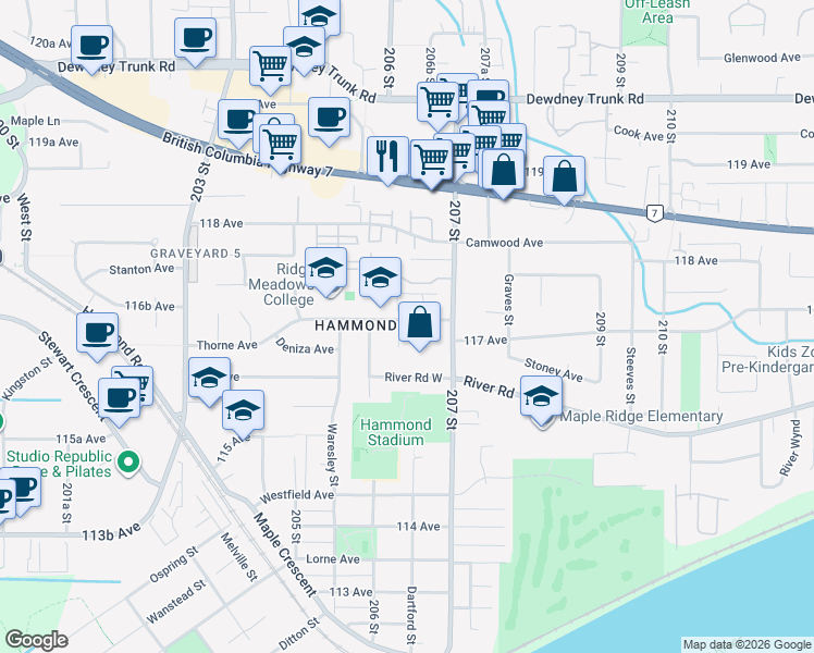 map of restaurants, bars, coffee shops, grocery stores, and more near in Maple Ridge