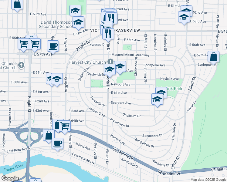 map of restaurants, bars, coffee shops, grocery stores, and more near 2033 East 61st Avenue in Vancouver