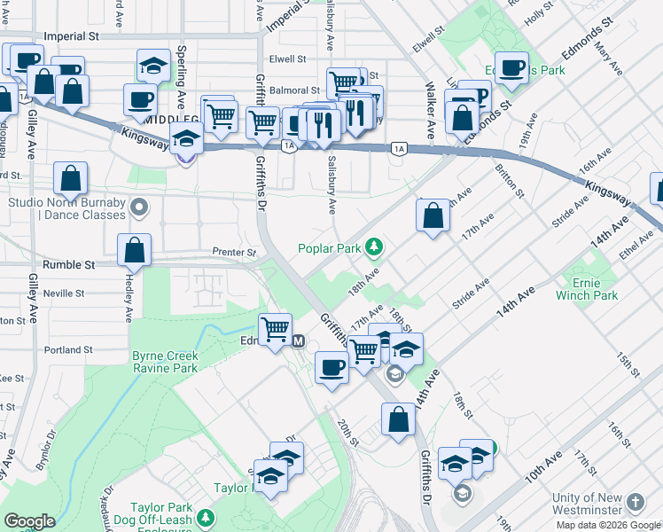 map of restaurants, bars, coffee shops, grocery stores, and more near 7077 Edmonds Street in Burnaby