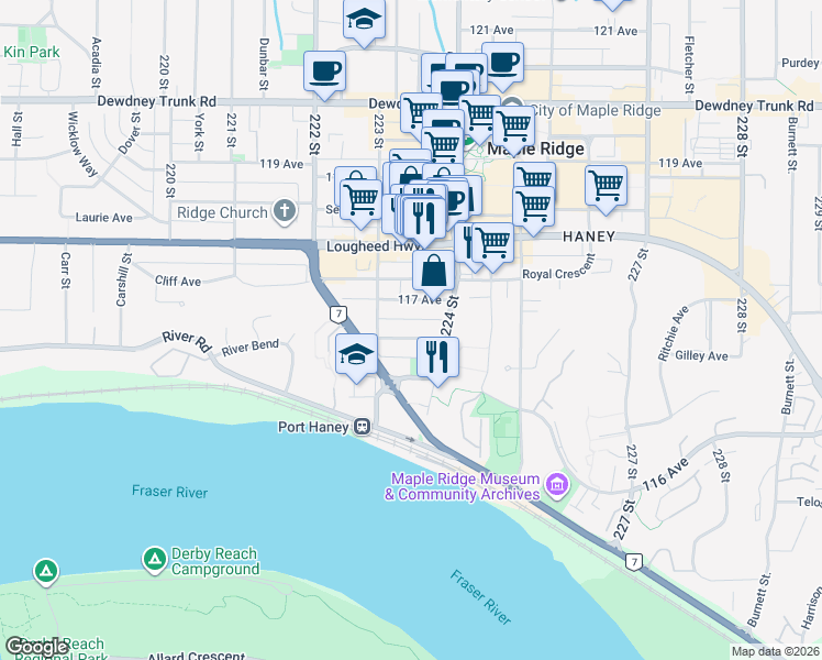 map of restaurants, bars, coffee shops, grocery stores, and more near 22374 117 Avenue in Maple Ridge