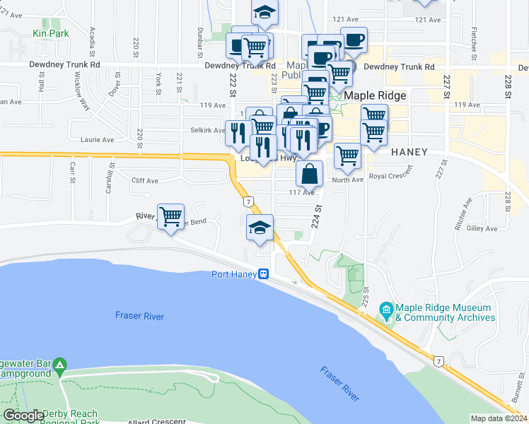 map of restaurants, bars, coffee shops, grocery stores, and more near in Maple Ridge