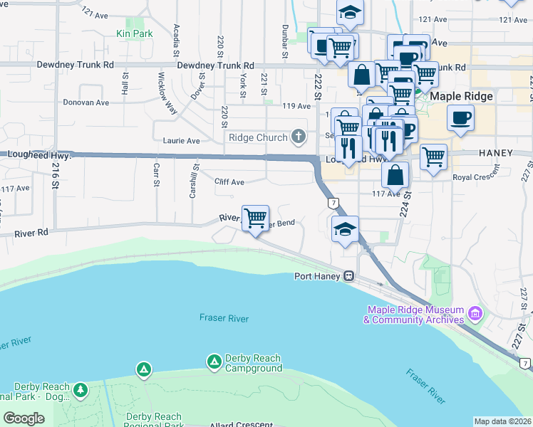 map of restaurants, bars, coffee shops, grocery stores, and more near 11727 Driftwood Drive in Maple Ridge