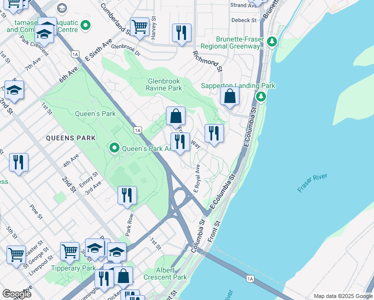 map of restaurants, bars, coffee shops, grocery stores, and more near 250 Francis Way in New Westminster