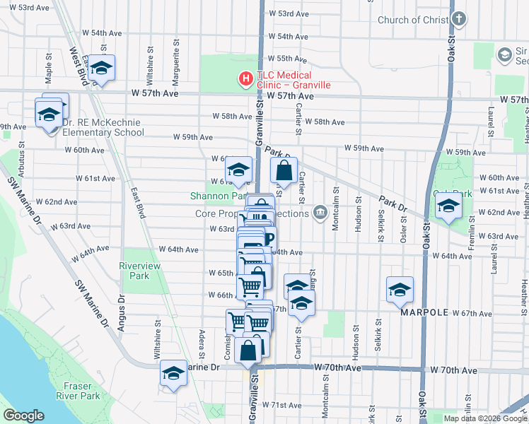 map of restaurants, bars, coffee shops, grocery stores, and more near 1460 West 62nd Avenue in Vancouver