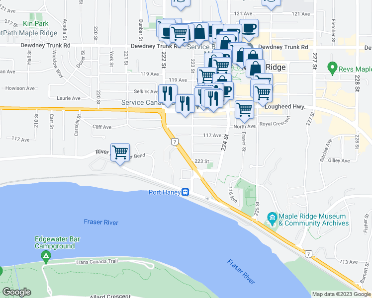 map of restaurants, bars, coffee shops, grocery stores, and more near 22254 117 Avenue in Maple Ridge