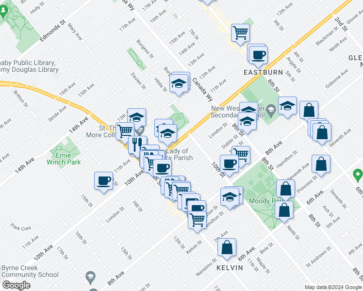 map of restaurants, bars, coffee shops, grocery stores, and more near 1016 Tenth Avenue in New Westminster