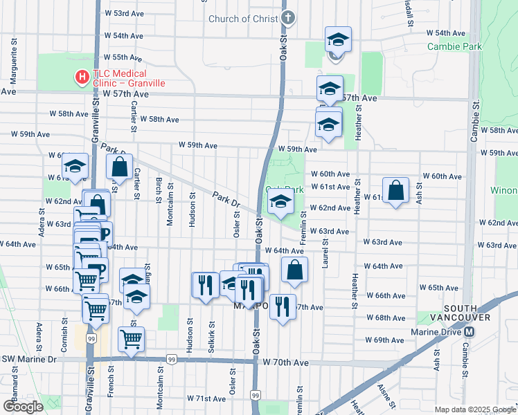 map of restaurants, bars, coffee shops, grocery stores, and more near Oak Street in Vancouver
