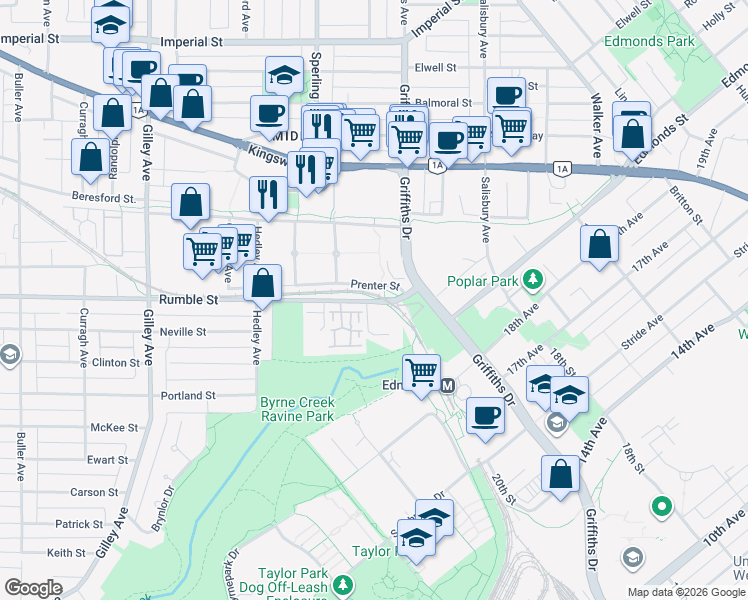 map of restaurants, bars, coffee shops, grocery stores, and more near 6790 Rumble Street in Burnaby