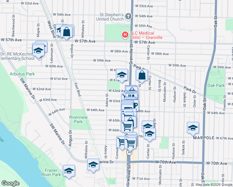 map of restaurants, bars, coffee shops, grocery stores, and more near 1556 West 62nd Avenue in Vancouver