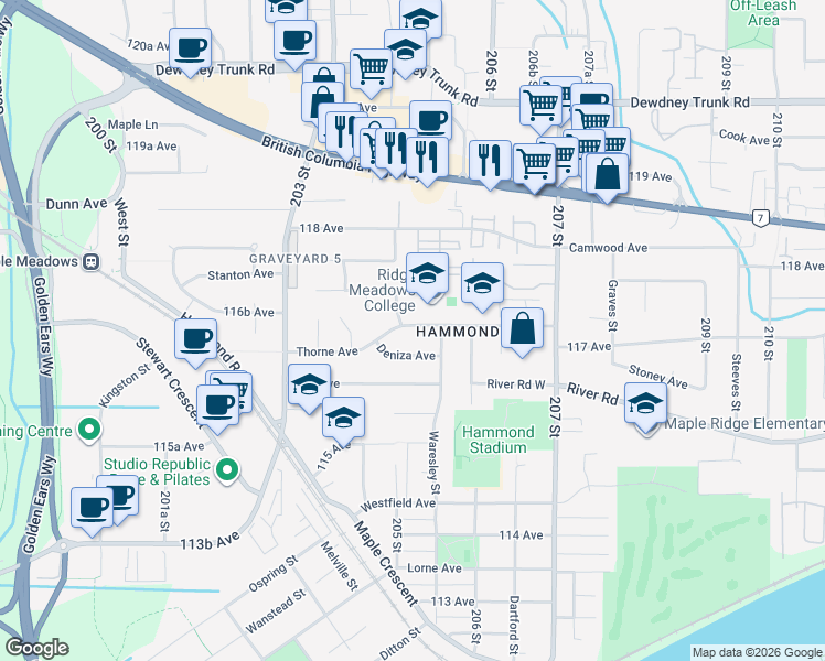 map of restaurants, bars, coffee shops, grocery stores, and more near 2049 Thorne Avenue in Maple Ridge