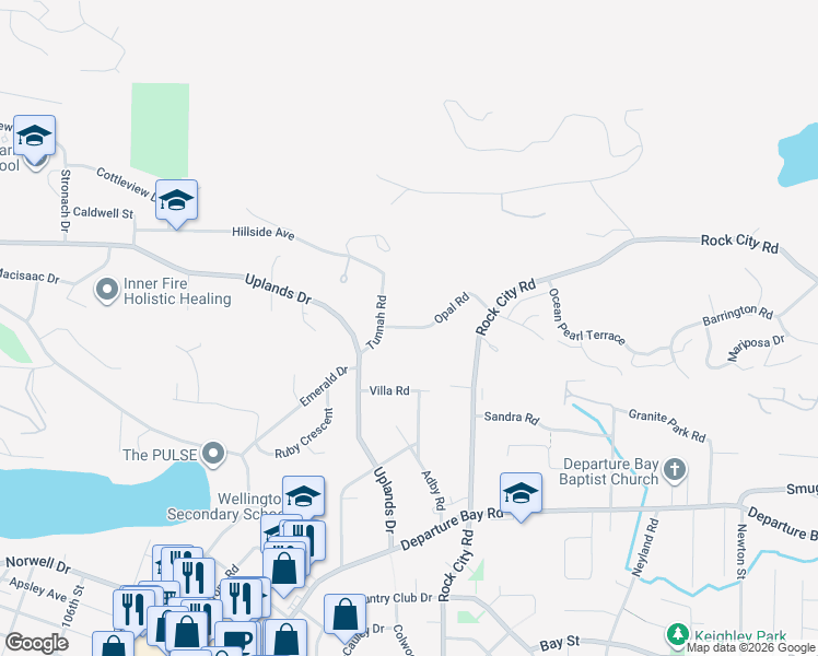 map of restaurants, bars, coffee shops, grocery stores, and more near 3376 Opal Road in Nanaimo