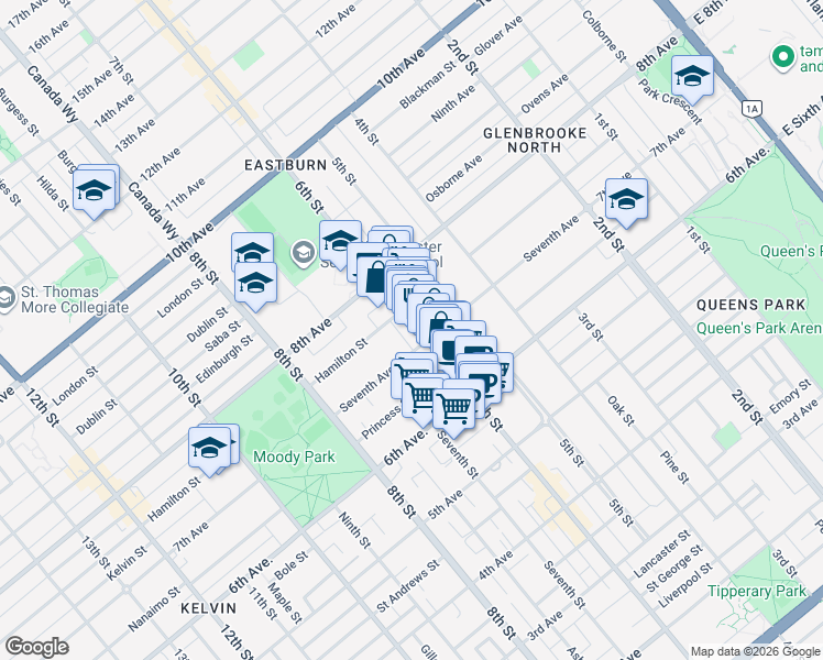 map of restaurants, bars, coffee shops, grocery stores, and more near 605 Seventh Avenue in New Westminster