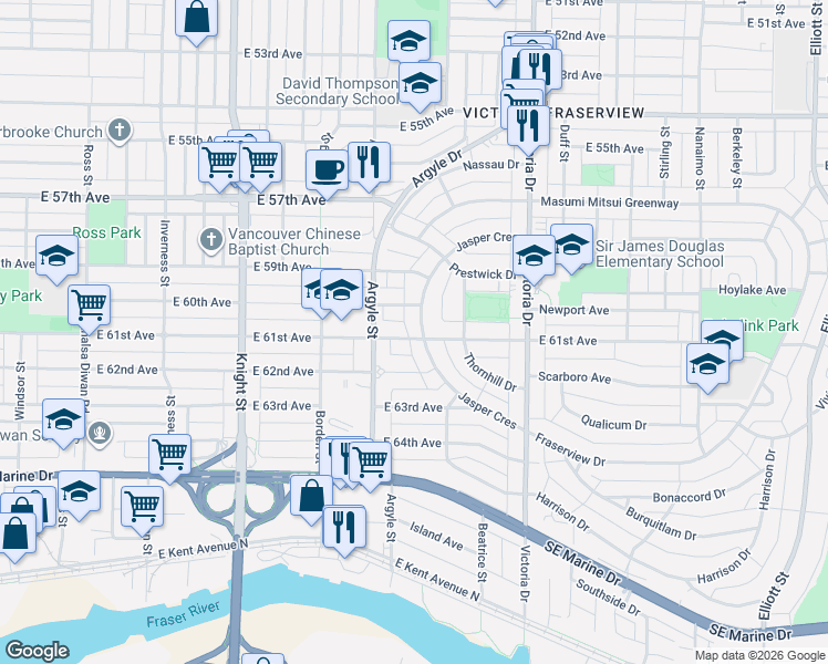 map of restaurants, bars, coffee shops, grocery stores, and more near in Vancouver